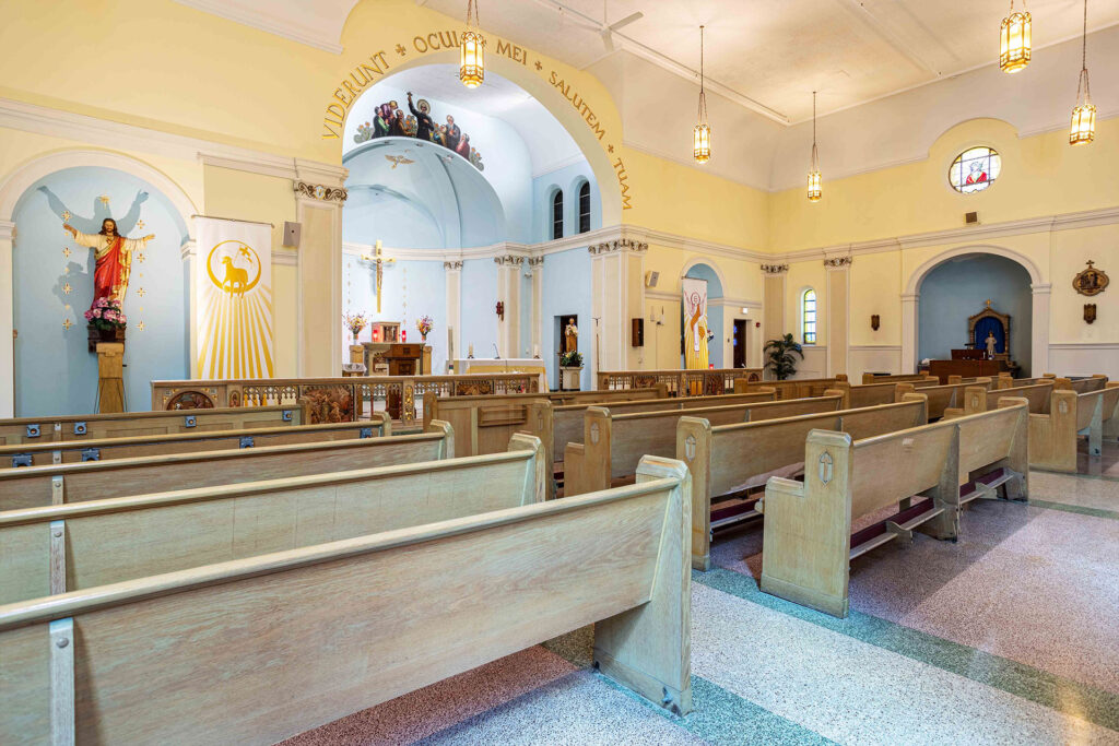 Celebrate Senior Living Niles church with wood pews.