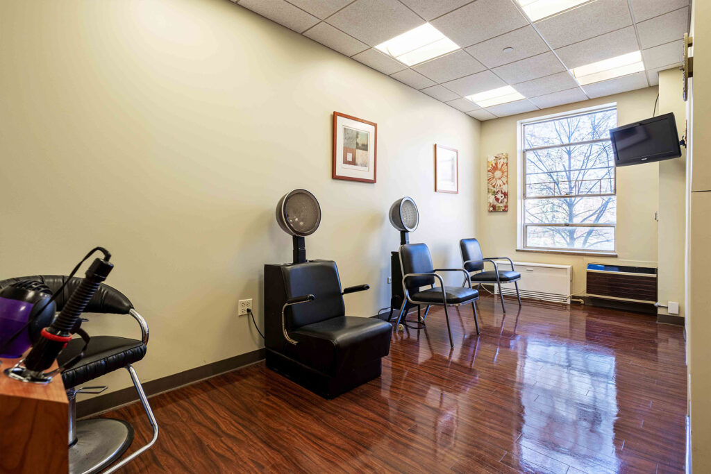 Celebrate Senior Living Niles salon with hairdryers.